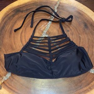 Black strappy high neck halter swim top. Size M